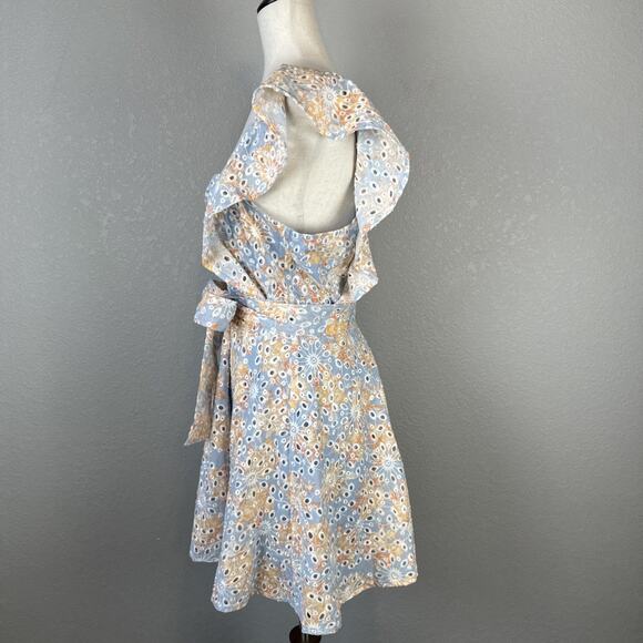 Lovers & Friends Tulip Mini Dress Size M Booklyn Eyelet Blue Floral Cotton - Picture 3 of 8
